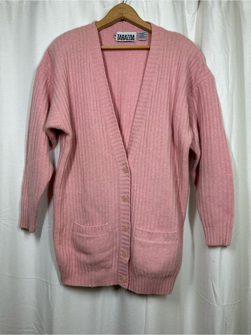 Tarazzia Vintage Pink Ribbed Cardigan Sweater Sz Medium Wool Angora Rabbit Hair